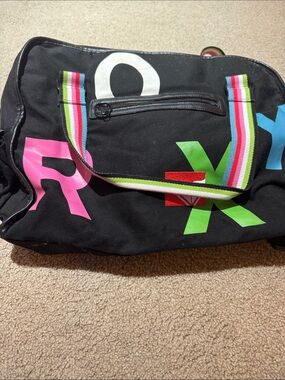 Roxy Black Graphic Canvas Tote with Multicolor Stripe Handles